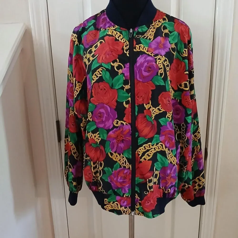 Vintage 90s Vibrant All Over Print Floral Gold Chain Bomber Jacket Dopamine